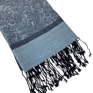 Pashmina Silk Blend Fringed Blue Paisley Scarf Shawl Wrap Soft Accessory